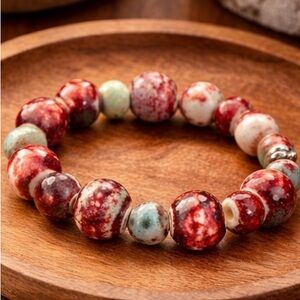 Artisan Ceramic Bead Bracelet Magnetic Clasp Red Speckled Boho